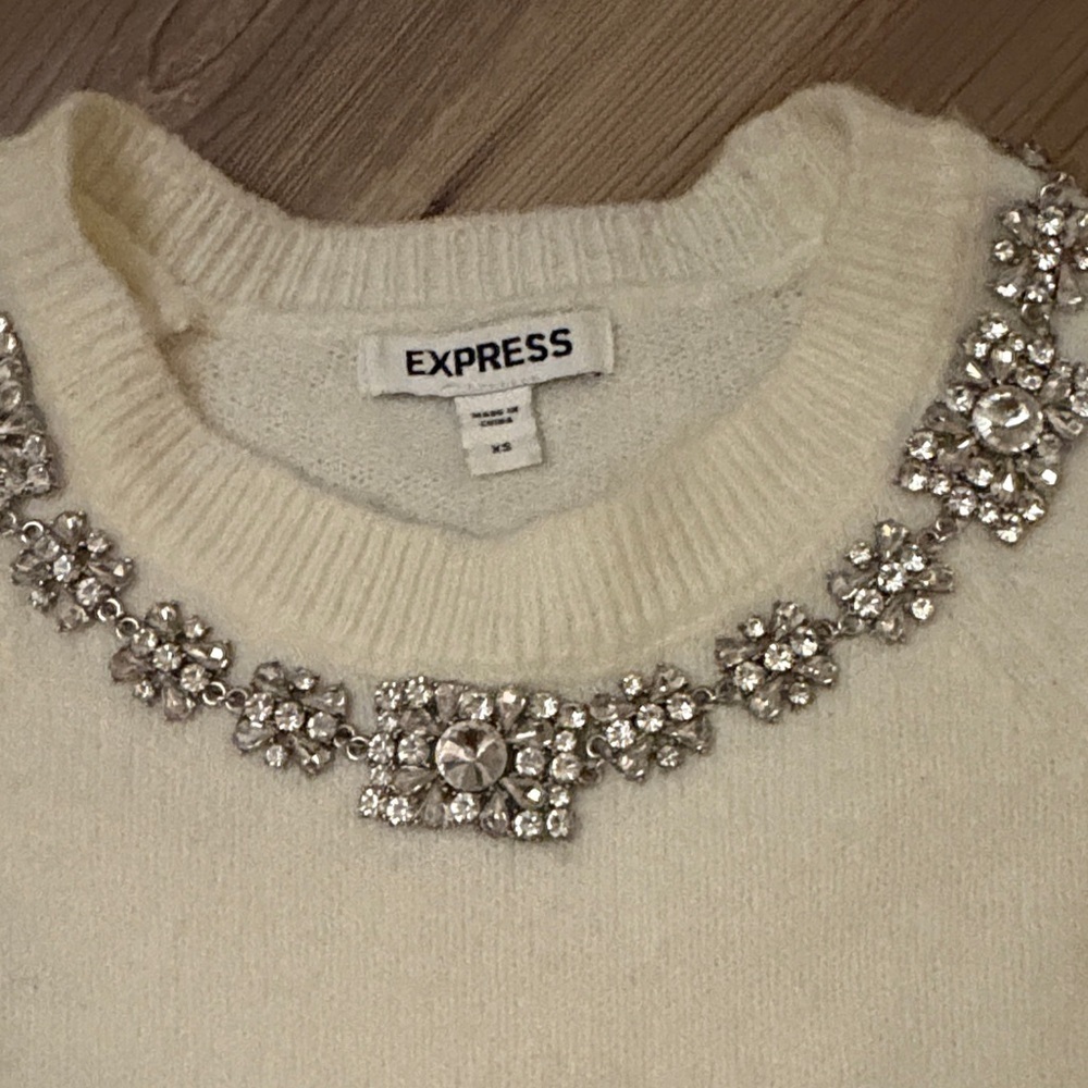 Express Cream Sweater with Embellished Neckline - Picture 3 of 9